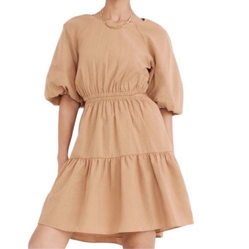 Madewell Camel Tan Puff-Sleeve Tiered Mini Dress